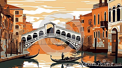 Vector illustration. View of the canals in Venice with buildings on the riverbanks. Gondolas are floating in the water. Cartoon Illustration