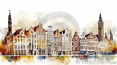 Vector illustration. View of medieval facades on the main square of Brussels, Belgium. Cartoon Illustration