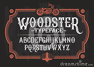 Vector illustration of a vintage font, the Latin alphabet in a retro frame with a custom motorcycle. Vector Illustration