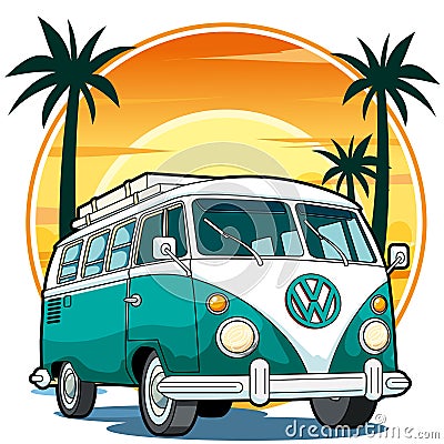 Vector illustration of vintage hippie van in turquoise color Vector Illustration