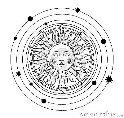 Vector illustration in vintage mystic style, boho design, tattoo, tarot. The device of the universe, the sun with a face, orbits Cartoon Illustration