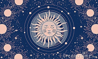 Mystical drawing for astrology or boho design, sun with a face on a blue background. Sacred geometry. Vector Vector Illustration