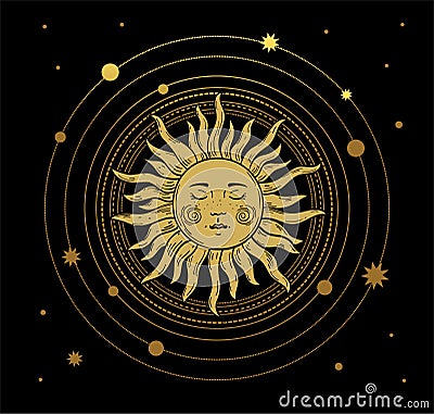 Vector illustration in vintage mystical style, boho design, tattoo, tarot. The device of the universe with a golden sun Vector Illustration