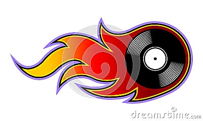 Vector illustration of vintage retro vinyl record icon with flames. Vector Illustration