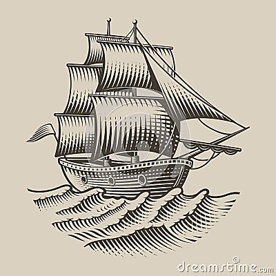 Vector illustration of a vintage ship in engraving style Vector Illustration