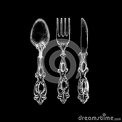 Vector illustration of vintage spoon fork and knife made in hand drawn sketch style. Vector Illustration