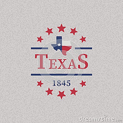 Colored star illustration, Texas map, text on textured background. Vector Illustration