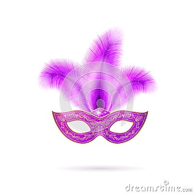 Vector illustration of violet Venetian carnival mask with colorful feathers Vector Illustration