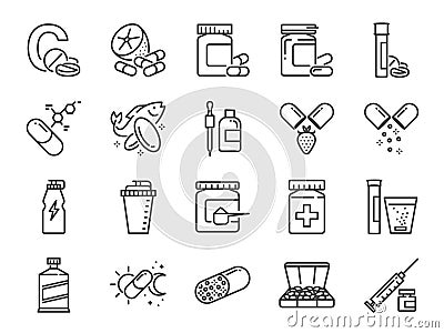 Vitamin and dietary supplement icon set. Included the icons as vitamin c, fish oil, whey protein, tablet, pills, medication, medic Vector Illustration