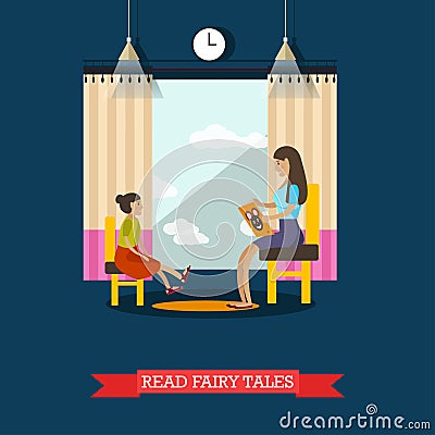 Vector illustration of volunteer reading fairy tales for little girl Vector Illustration