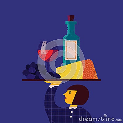 Vector Illustration with waitress with tray with grape, cheese, wineglass, wine bottle on it. Restaurant menu design Vector Illustration