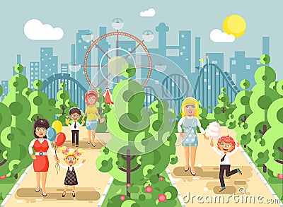 Vector illustration walk stroll promenade boy and girl with moms, child s or mother s day, cotton candy on alley Vector Illustration