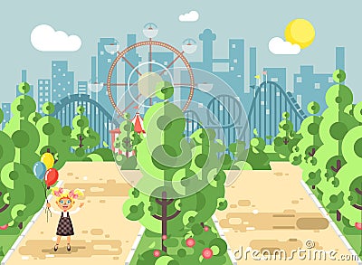 Vector illustration walk stroll promenade girl, school child, child s day, holds balloons in hands on alley pavement in Vector Illustration