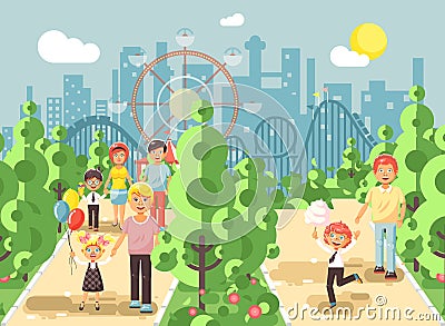 Vector illustration walk stroll promenade of parents with children, child s day, balloons, eat ice cream and cotton Vector Illustration