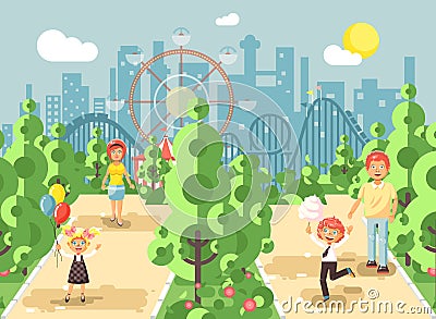Vector illustration walk stroll promenade of parents with children, child s day, balloons, eat ice cream and cotton Vector Illustration