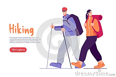 Vector illustration of walking couple of hikers travelers with backpacks Vector Illustration