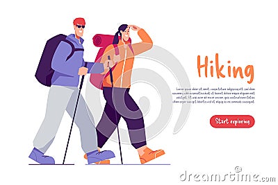 Vector illustration of walking couple of hikers travelers with backpacks looking far away Vector Illustration