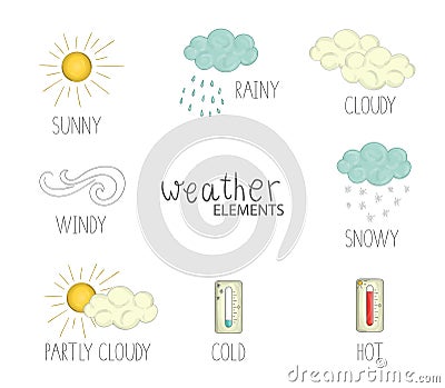 Vector illustration of weather elements with text Vector Illustration