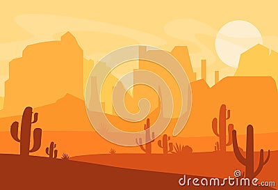 Vector illustration of Western Texas desert silhouette. Wild west america scene with sunset in desert with mountains and Vector Illustration