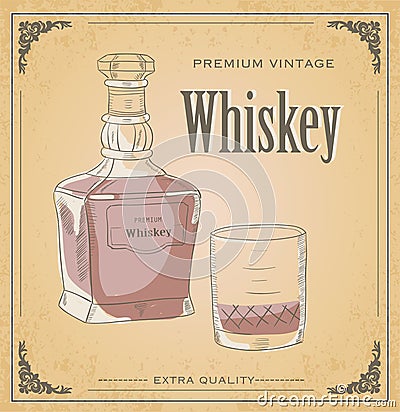 Vector illustration of Whiskey bottle and glass on grunge background. Words premium vintage whiskey and extra quality. Ornament. Vector Illustration