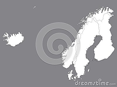 White Map of Scandinavia on Gray Background Vector Illustration