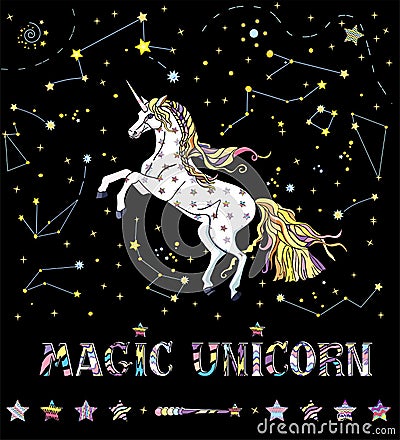 Vector illustration of white unicorn reared up on the background of galaxy with colorful lettering Vector Illustration