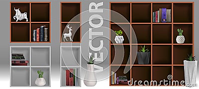 Bookshelf with books and figurines -bibliography, encyclopedia and handbooks. Retro interior furniture. Bookshelf Vector Illustration