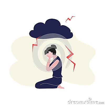 Woman sits on the floor and crying with dark cloud above head with thunder. Vector Illustration