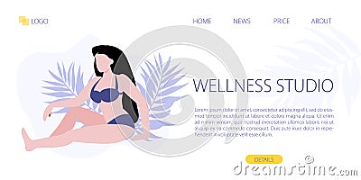 Vector illustration of white woman sitting in purple bikini around palm leaves. Wellness relax studio concept. Web page template. Vector Illustration