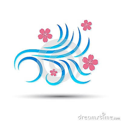 Vector illustration of wind icon with pink sakura falling flower isolated on white Cartoon Illustration