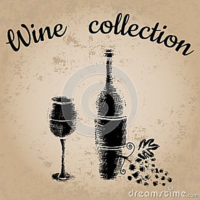 Vector illustration, wine set, hand drawn sketch of wine symbols Vector Illustration