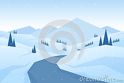 Vector illustration: Winter Christmas snowy Mountains landscape with road, pines and hills Vector Illustration