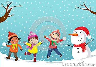 Winter fun. Happy children playing in the snow Vector Illustration