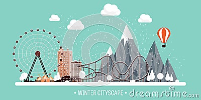 Vector illustration. Winter urban landscape. City with snow. Christmas and new year. Cityscape. Buildings.Mountaines Vector Illustration