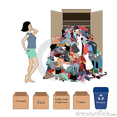 Vector Illustration with a a Woman and a Big Messy Pile of Useless, Old, Cheap, and Oumoded Cothes. Nothing to Wear, and Vector Illustration