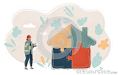 Vector illustration of woman with blueprint in her Hands. Building jigsaw part house. Vector Illustration