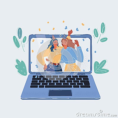 Vector illustration of woman celebrate smth on laptop screen. Self-isolation party, online birthday, online friends Vector Illustration