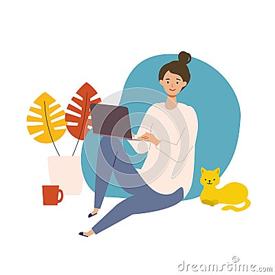 Vector illustration of woman checking the web in the autumn. Woman have a relaxing day off Vector Illustration