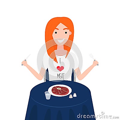 Vector Illustration of Woman Eats Eye Steak Round Vector Illustration