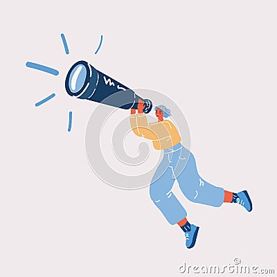 Vector illustration of woman fly and using spyglass for searching of opportunities. Businesswoman searching for Vector Illustration