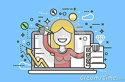 Vector illustration woman in laptop notebook offers fill in application form design element education, subscription Vector Illustration