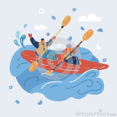 Vector illustration of woman and man kayaker kayaking, riding and paddling boat canoe in waves. Extreme outdoor Vector Illustration
