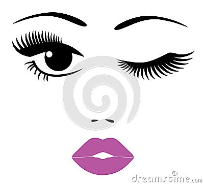 Vector woman face with fuchsia lips and long lashes. Vector Illustration