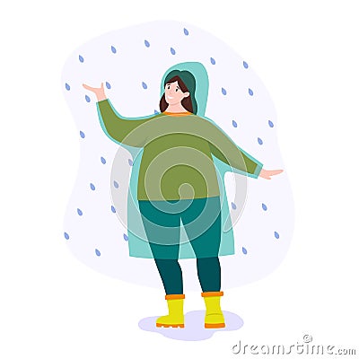 Vector illustration. woman in raincoat in the rain. Walking in the rain Cartoon Illustration