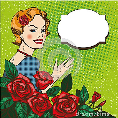 Vector illustration of woman with roses bouquet, pop art style. Vector Illustration