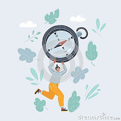 Vector illustration of woman run with big compas in her hands in the right direction. White background. Vector Illustration