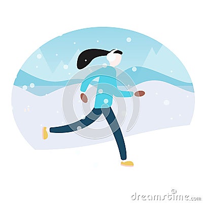 Vector illustration of woman running in winter morning. Flat vector landscape. Woman running winter marathon Vector Illustration