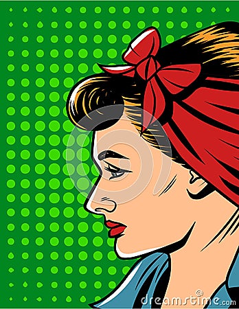 Vector illustration of woman`s face in comic pop art style over dot pattern background. Cartoon Illustration