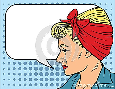 Vector illustration of woman`s face in pop art style over dot pattern background. Cartoon Illustration