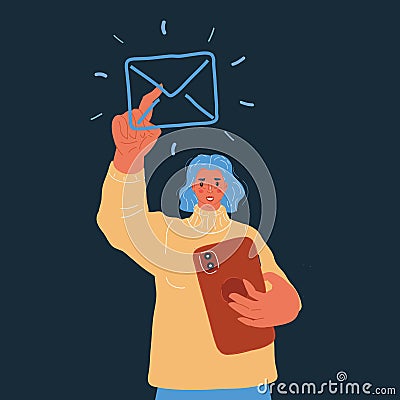 Vector illustration of Woman send or recived email out on dark backround. Envelope Vector Illustration